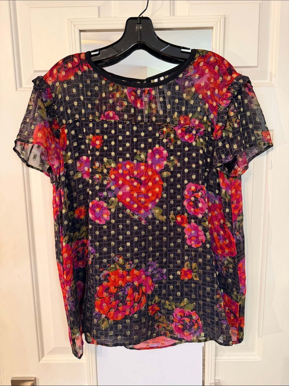 Floral Sheer Short-Sleeve Top - Black with Red/Pink Flowers